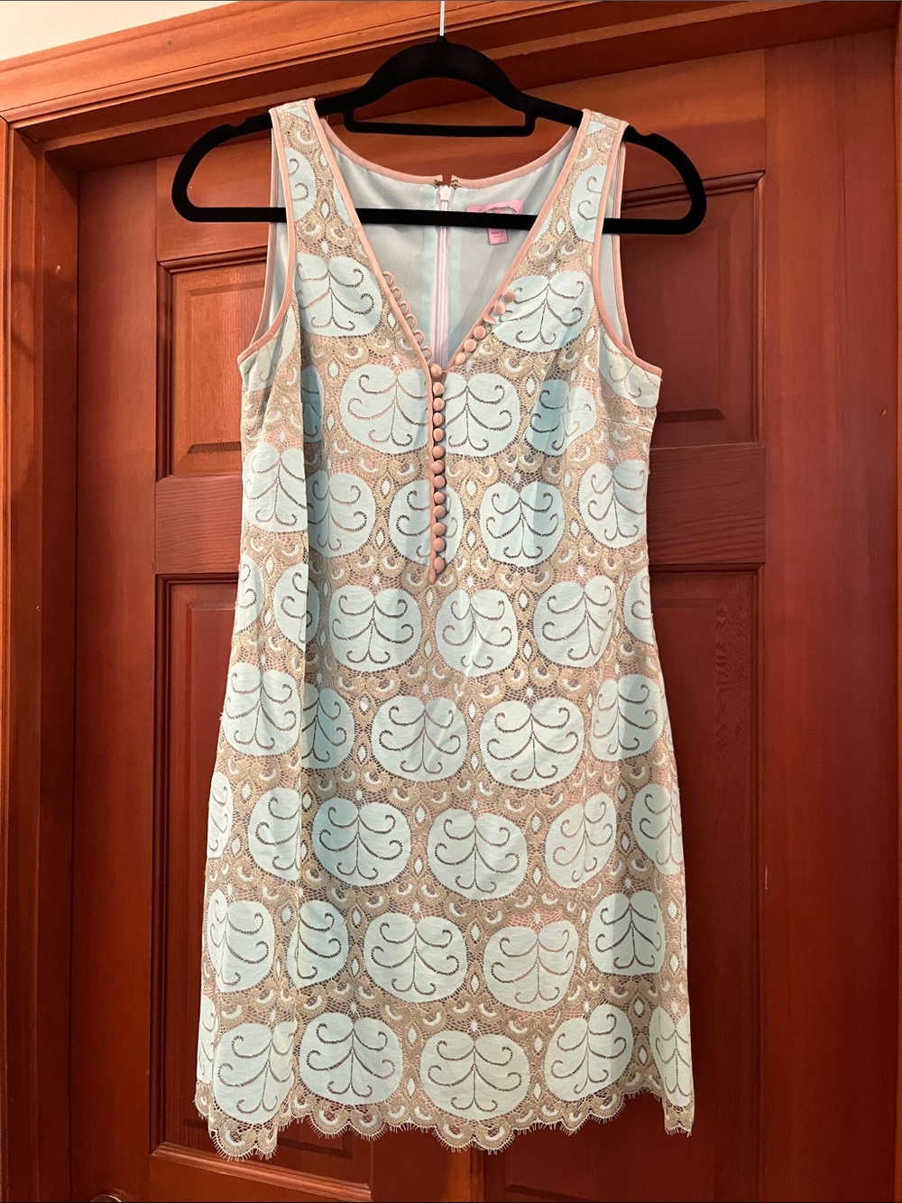 Lilly Pulitzer Sleeveless Lace Shift Dress in Light Blue/Mint Green & Tan/Cream